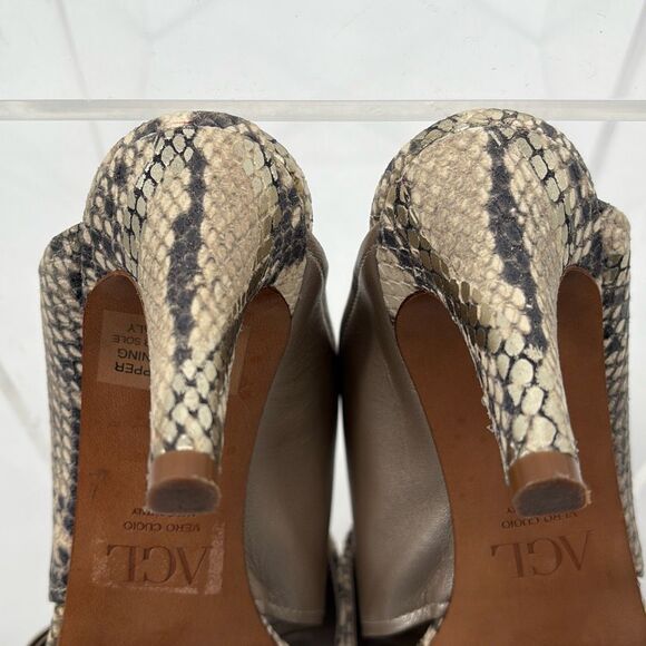 AGL Snakeskin‎ Peep Toe Slip-On Heeled Strappy Sandal Brown Gold 38.5/8 - Picture 9 of 11